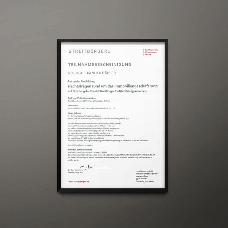 Teilnahmebescheinigung: Rechtsfragen rund um das Immobiliengeschäft 2022 (Streitbörger)