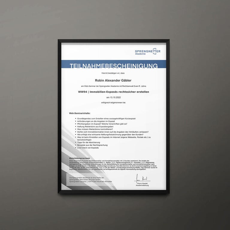 Teilnahmebescheinigung: Immobilien-Exposés rechtssicher erstellen (digital) (SPRENGNETTER Akademie)