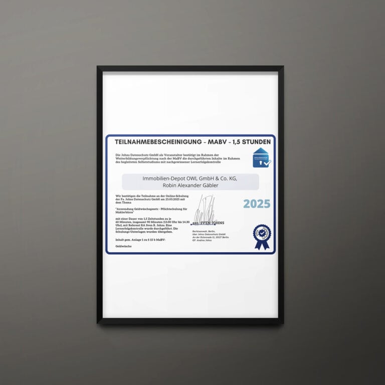 Teilnahmebescheinigung: Jahresschulung Anwendung Geldwäschegesetz Immobilienmakler (digital) (Johns Datenschutz) 2025