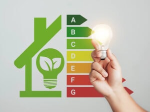 Eine Hand hält eine leuchtende Glühbirne vor einer Energieeffizienz-Tabelle und einem grünen Haus-Symbol.
