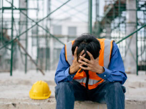 Ein Bauarbeiter in einer Sicherheitsweste sitzt auf einer Betonfläche, den Kopf in den Händen, und sieht ermüdet und hilflos aus - ein gelber Schutzhelm liegt in der Nähe auf dem Boden. Das Bild ist symbolisch für die Krise von Neubau-Immobilien.