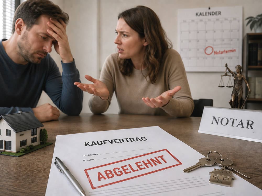 Ein Mann und eine Frau sitzen an einem Tisch mit einem Kaufvertrag, der mit „ABGELEHNT“ beschriftet ist; die Frau gestikuliert frustriert, während der Mann verzweifelt aussieht – ein Hinweis auf einen geplatzten Notartermin beim Immobilienverkauf. Modellhaus, Schlüssel und „NOTAR“-Schild sind zu sehen. Ein Mann und eine Frau sitzen an einem Tisch mit einem Kaufvertrag, der mit "ABGELEHNT" beschriftet ist; die Frau gestikuliert frustriert, während der Mann verzweifelt aussieht - ein Hinweis auf einen geplatzten Notartermin beim Immobilienverkauf. Modellhaus, Schlüssel und "NOTAR"-Schild sind zu sehen.