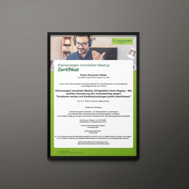 Teilnahmebescheinigung Kleinanzeigen Immobilien Meetup: Erfolgsfaktor Home Staging – Wie perfekte Inszenierung den Verkaufserfolg steigert (digital) (kleinanzeigen.de)