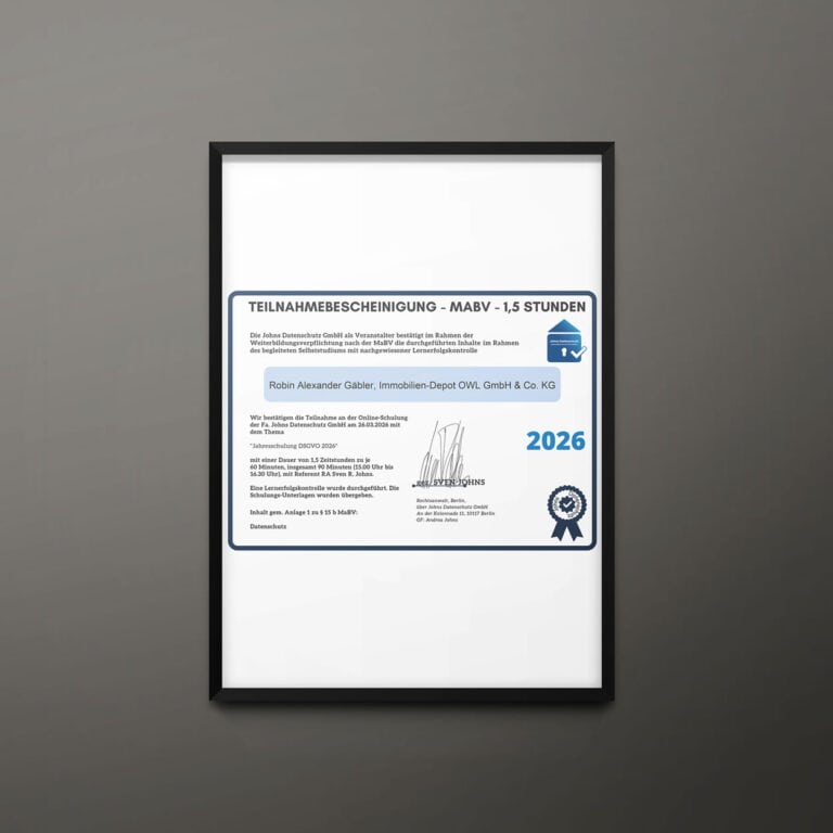 Teilnahmebescheinigung: Jahresschulung DSGVO für Immobilienfirmen 2026 (digital) (Johns Datenschutz)