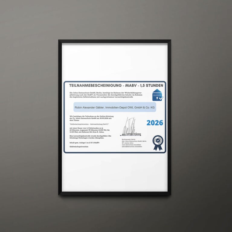 Teilnahmebescheinigung: Jahresschulung GwG 1, Geldwäscheprävention für Immobilienmakler, 2026 (digital) (Johns Datenschutz)