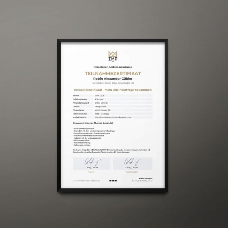Teilnahmebescheinigung: Immobilieneinkauf – Mehr Alleinaufträge bekommen (digital) (Immobilien-Makler-Akademie)