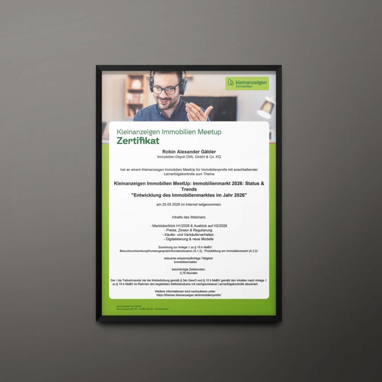 Teilnahmebescheinigung Kleinanzeigen Immobilien Meetup: Immobilienmarkt 2026 – Status & Trends (digital) (kleinanzeigen.de)