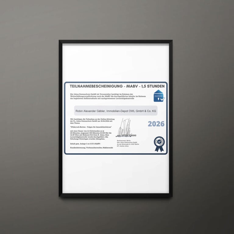 Teilnahmebescheinigung: Widerrufs-Button 2026 (digital) (Johns Datenschutz)