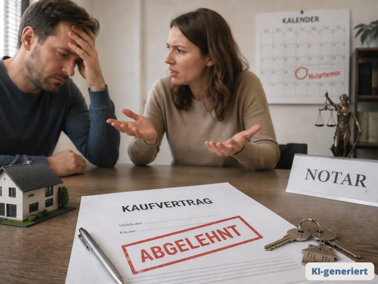 Ein Mann und eine Frau sitzen an einem Tisch mit einem Kaufvertrag, der mit "ABGELEHNT" beschriftet ist; die Frau gestikuliert frustriert, während der Mann verzweifelt aussieht - ein Hinweis auf einen geplatzten Notartermin beim Immobilienverkauf. Modellhaus, Schlüssel und "NOTAR"-Schild sind zu sehen.