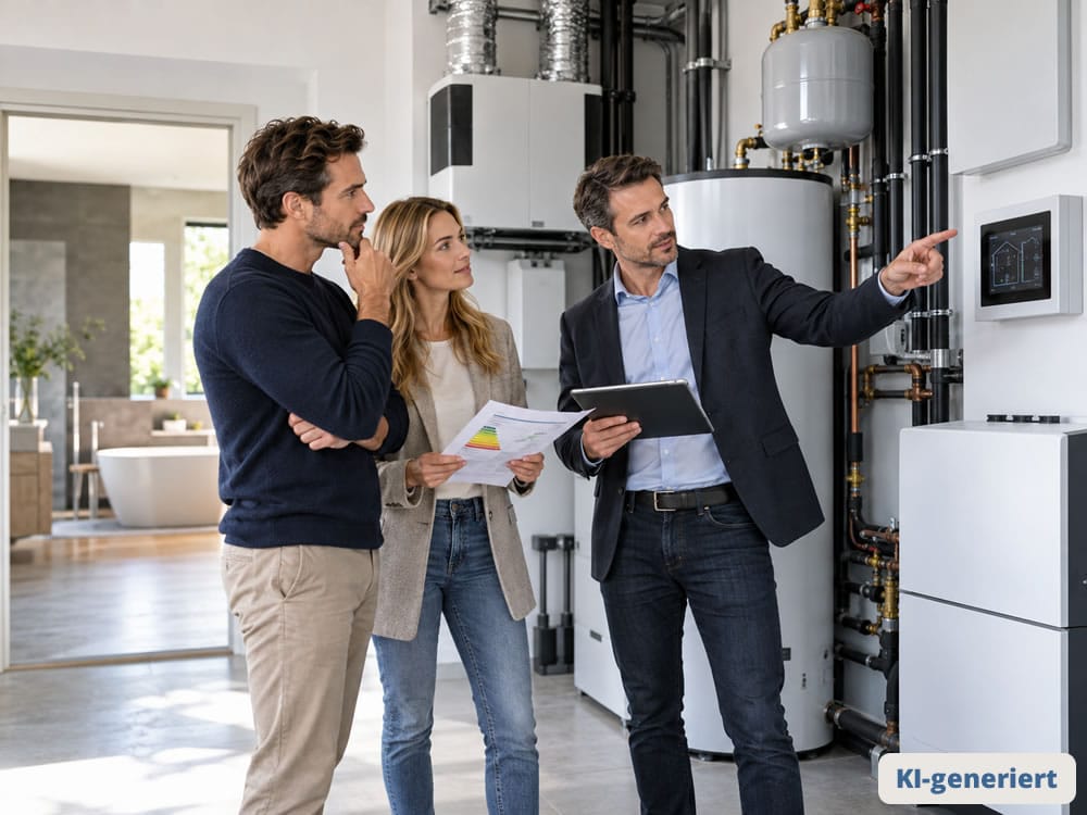 Während einer Besichtigung zeigt ein Immobilienmakler einem Paar im Haustechnikraum des Objekts die moderne Haustechnik. Während einer Besichtigung zeigt ein Immobilienmakler einem Paar im Haustechnikraum des Objekts die moderne Haustechnik.