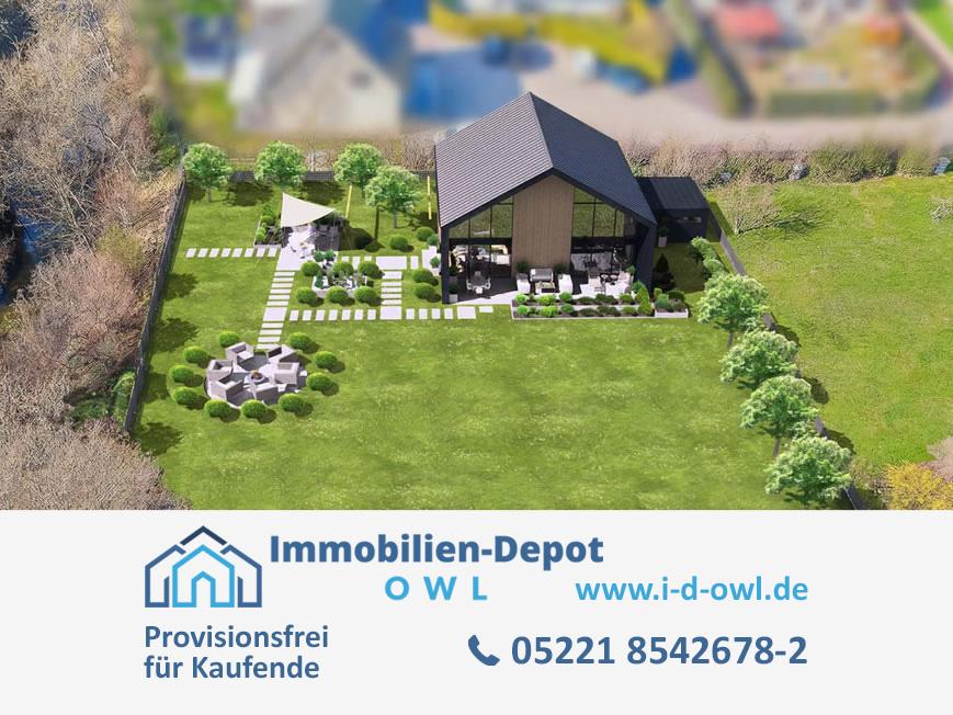 Seltene Chance: Großzügiges Baugrundstück mit Werre-Zugang in Top-Lage von Schötmar - Luftaufn. mit Visualisierung einer mgl. Bebauung (mit Logo)