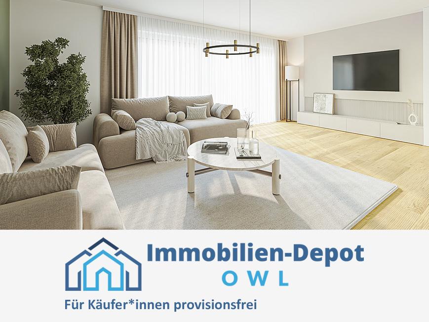 Sonnige Doppelhaushälfte mit Gartenparadies und A+ Energieeffizienz in Isselhorst - Visualisierung Wohnen/Essen (mit Logo)