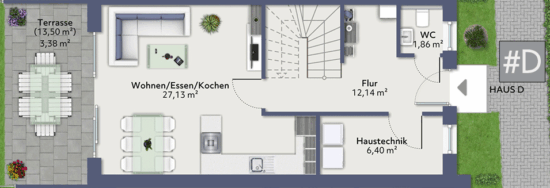 Reihenhausanlage in familienfreundlicher Lage – modern, effizient, wertbeständig - Grundriss EG - Haus D (Reihenmittelhaus)