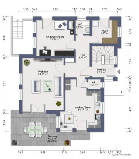 Großzügiges und flexibles Ein-/Zweifamilienhaus mit moderner Haustechnik - Grundrissskizze EG